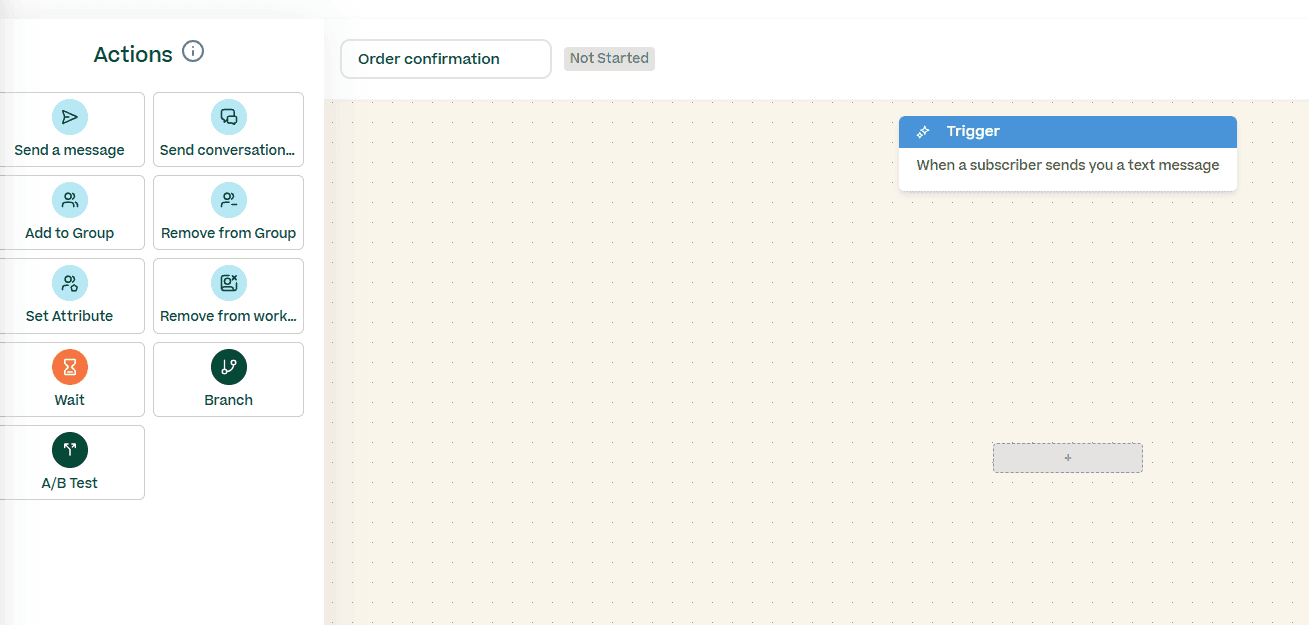Screenshot of workflow builder canvas in the Mobile Text Alerts dashboard