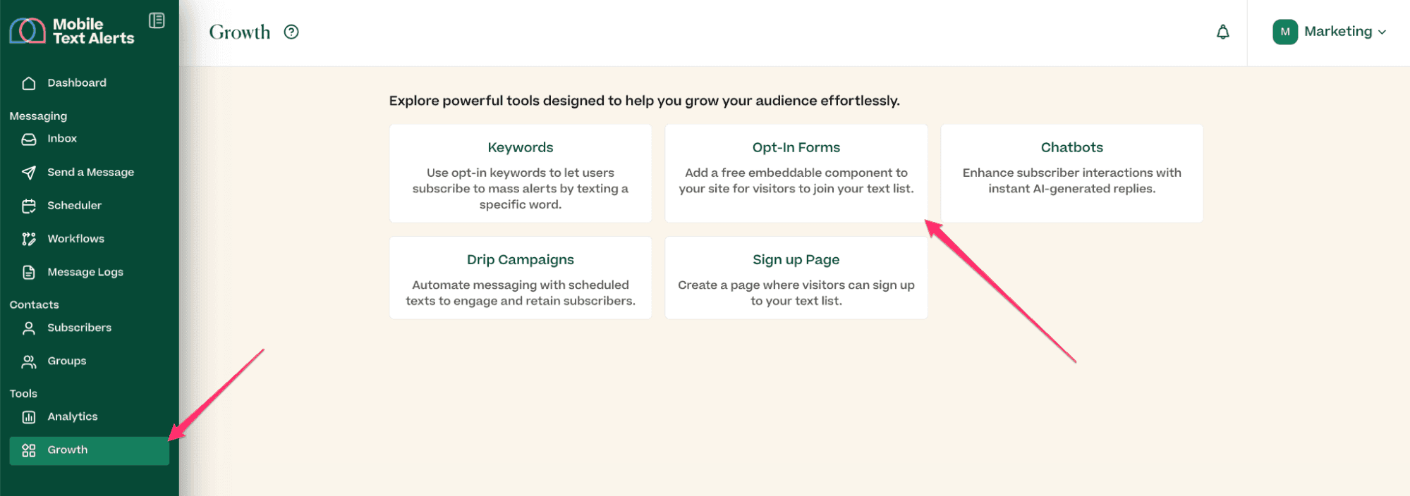 Screenshot of Growth tab in the Mobile Text Alerts dashboard