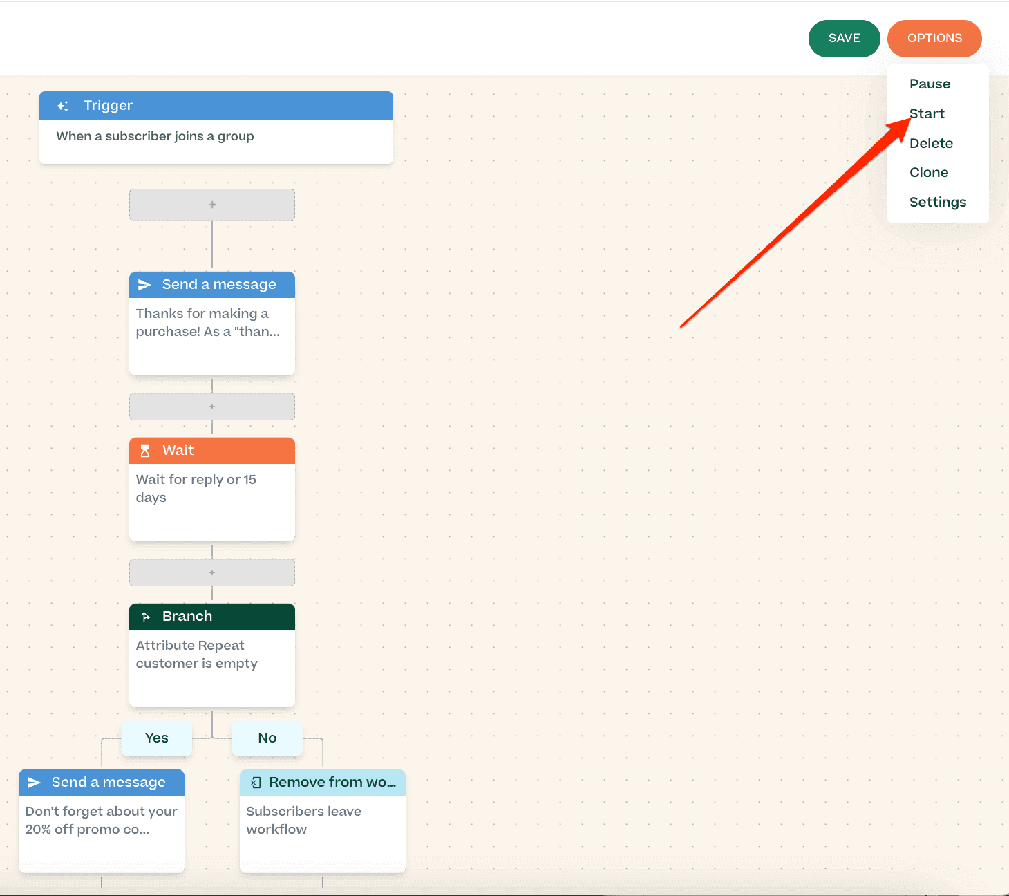 Screenshot showing starting an SMS workflow