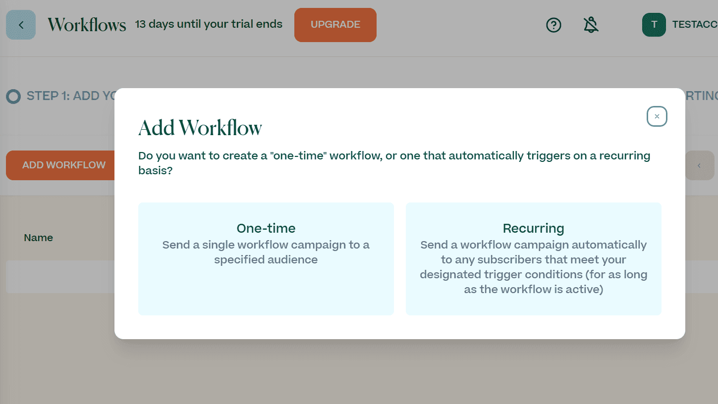 Screenshot showing adding a one-time or recurring workflow