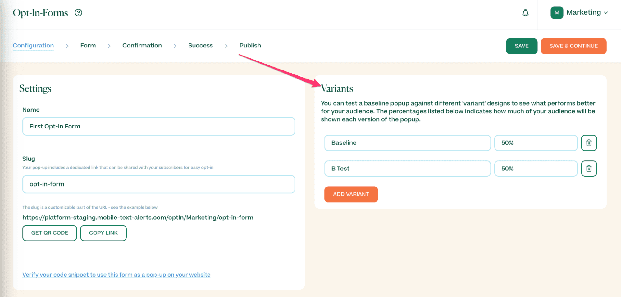 Screenshot showing opt-in form variants in the Mobile Text Alerts dashboard