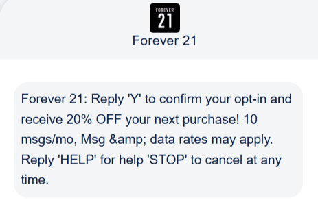 Promotional SMS example from Forever 21