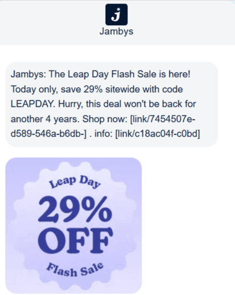 Promotional SMS example from Jambys