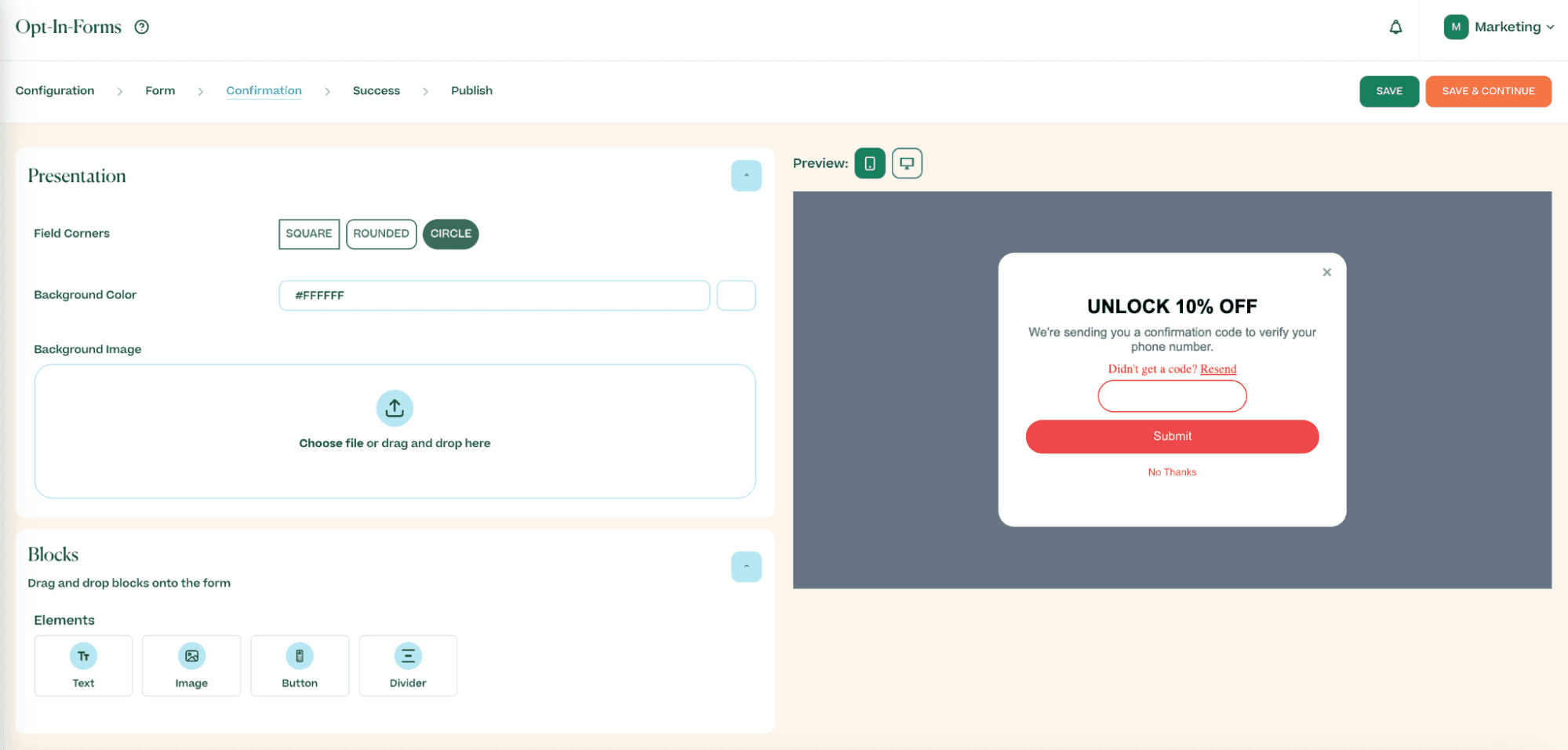 Screenshot showing opt-in form confirmation page builder in the Mobile Text Alerts dashboard