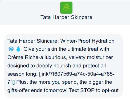 Promotional SMS example from Tata Harper Skincare