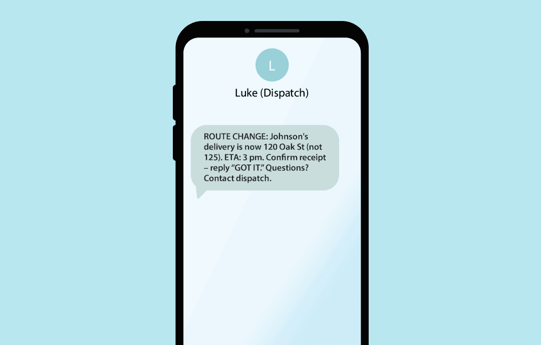Example of internal SMS notice of route change