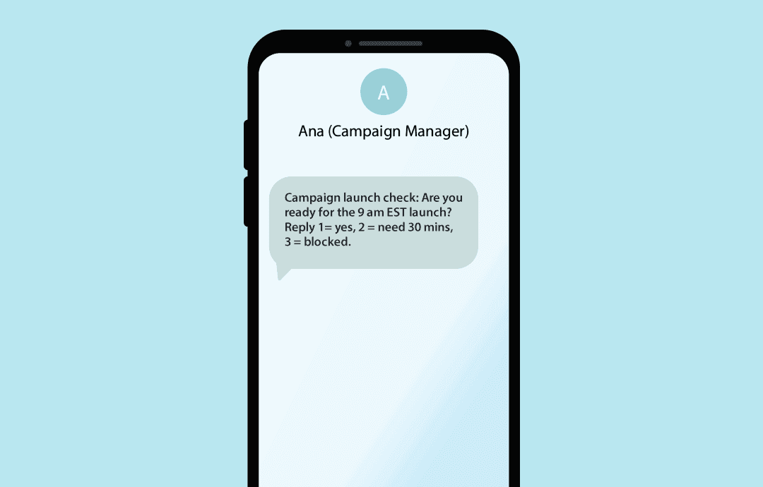 Example of internal SMS checking in on campaign status