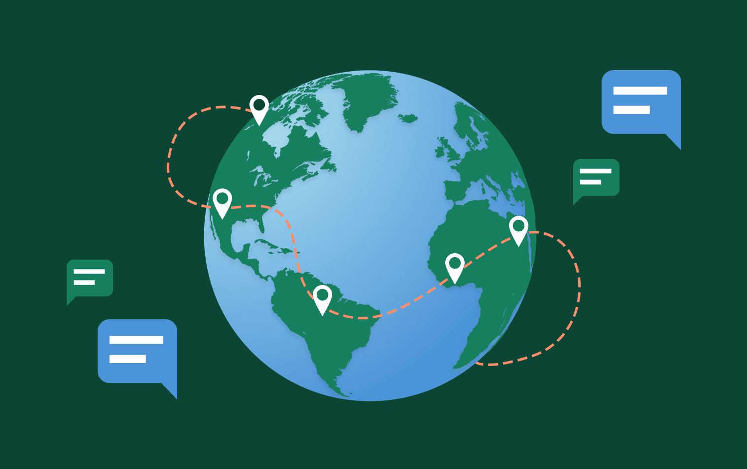 A world map with speech bubbles emerging from different countries, connecting with each other