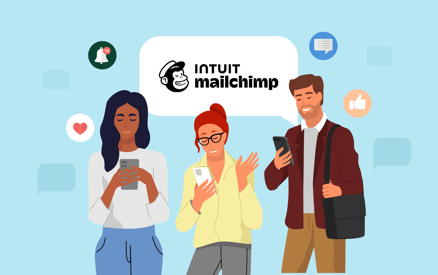 Show the Mailchimp logo with a cartoon representation of SMS bubbles and a crowd of people, some with email logos over their head, some with SMS logos over their head, and some with both, indicating that they are receiving emails and/or text messages