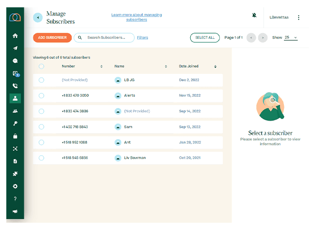 Screenshot of managing subscribers