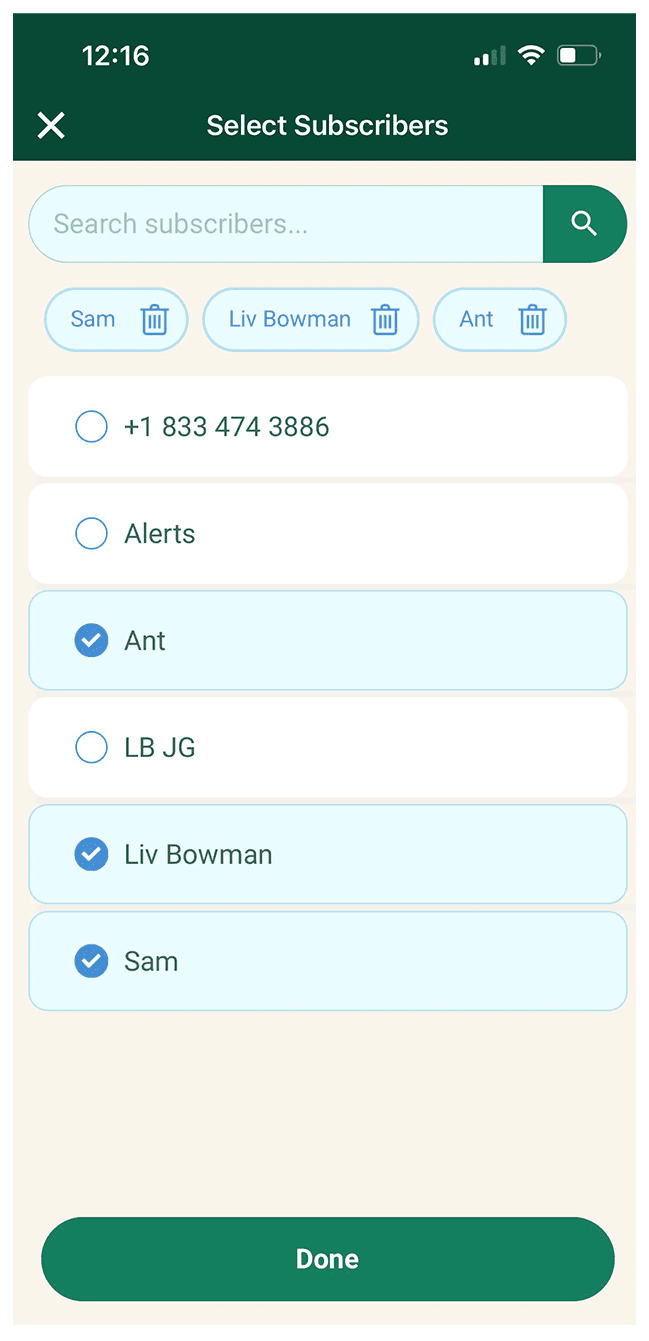 Screenshot of selecting subscribers mobile app