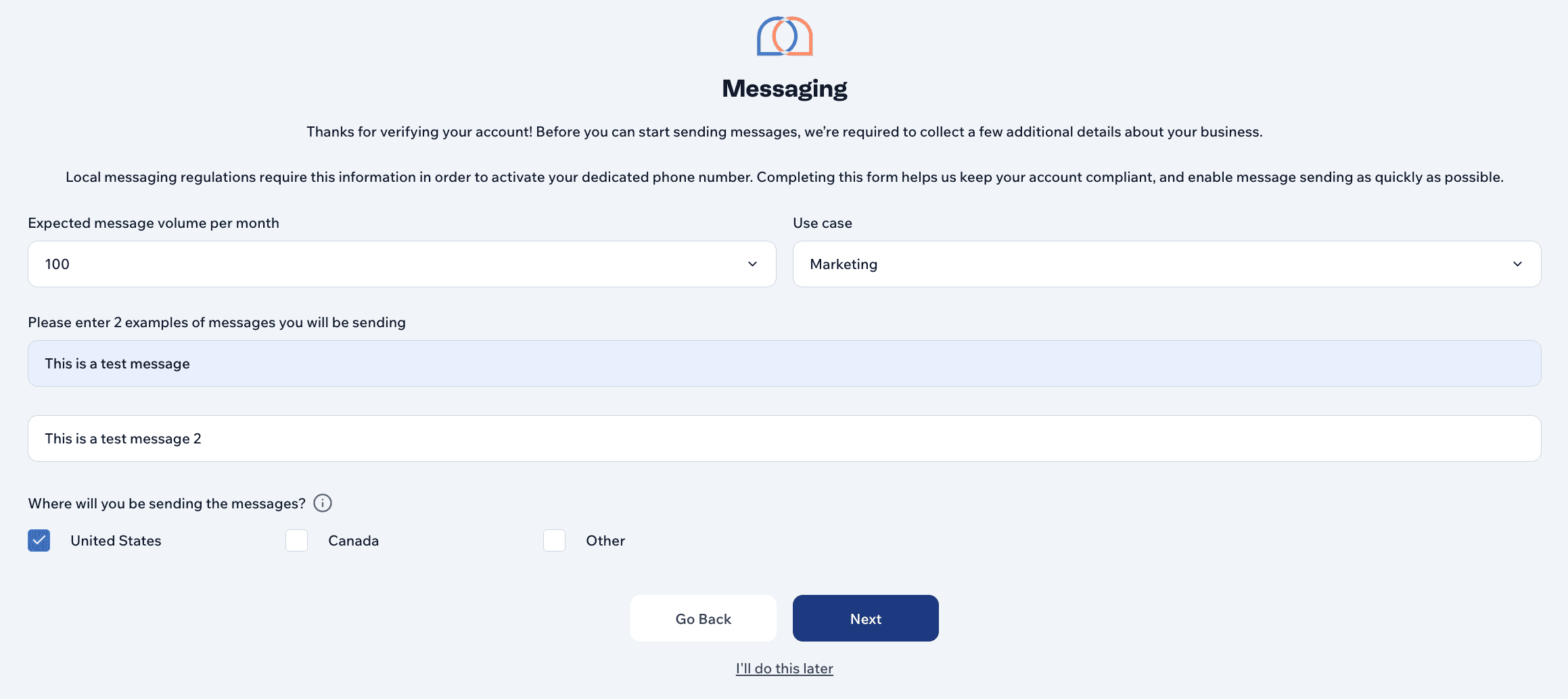A screenshot of the Messaging form for the phone number verification process
