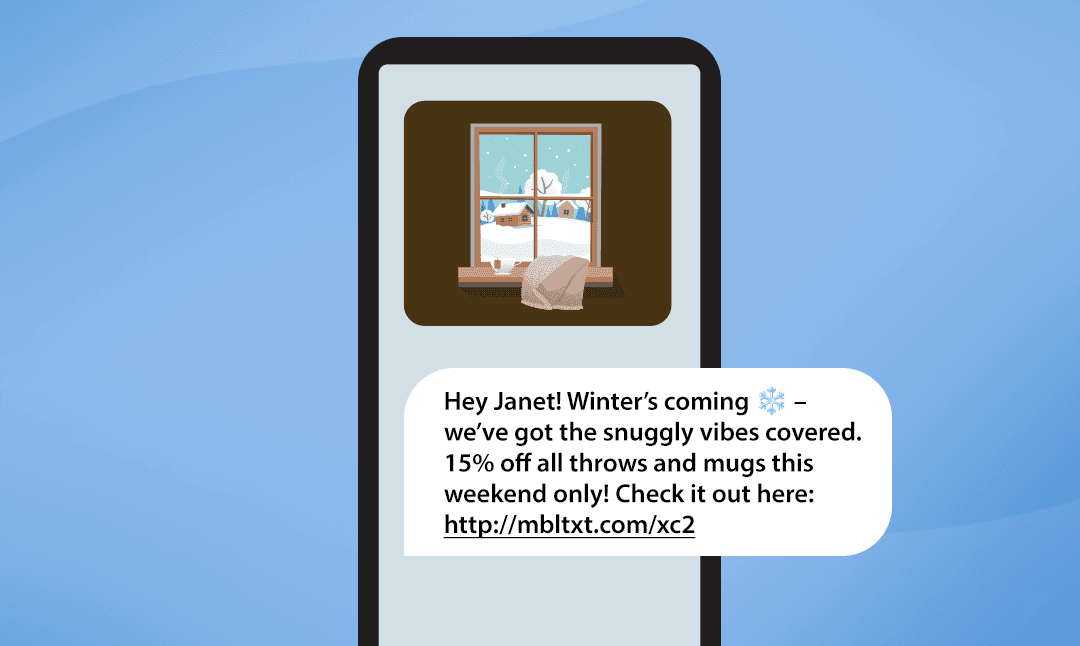 A phone with an MMS showing a cozy blanket and a cup of tea on a windowsill with the corresponding text message below