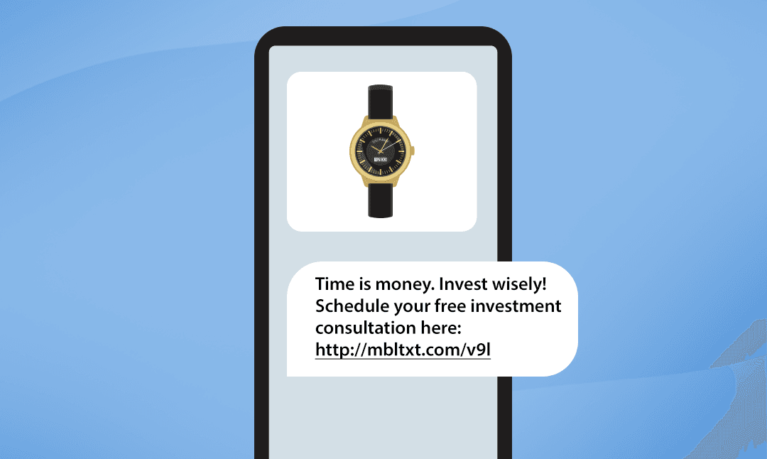 A phone with an MMS showing a watch on a clean, white background with the corresponding text message below