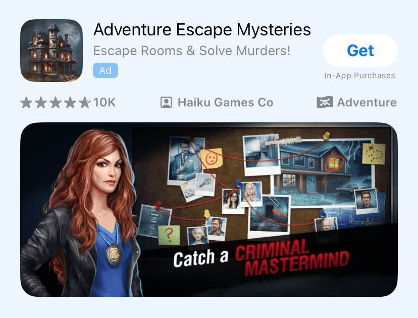 App store ad for adventure escape mysteries