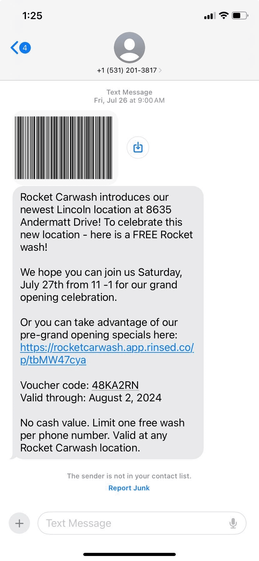 SMS ad for rocket carwash