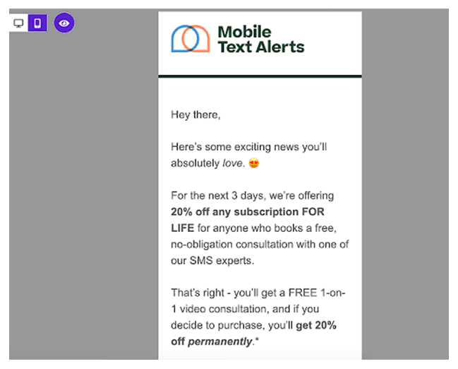 Screenshot of email editor showcasing mobile viewer