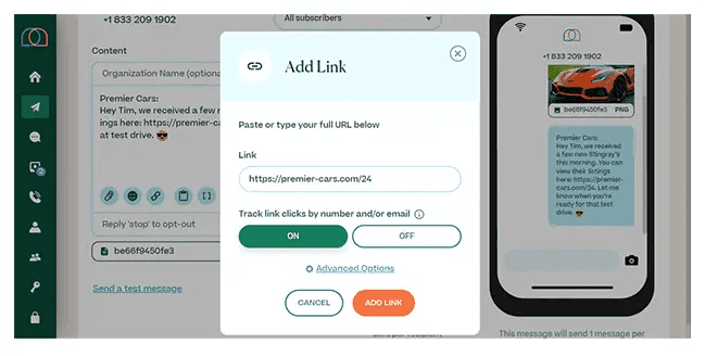 Screenshot of the Mobile Text Alerts SMS link shortener