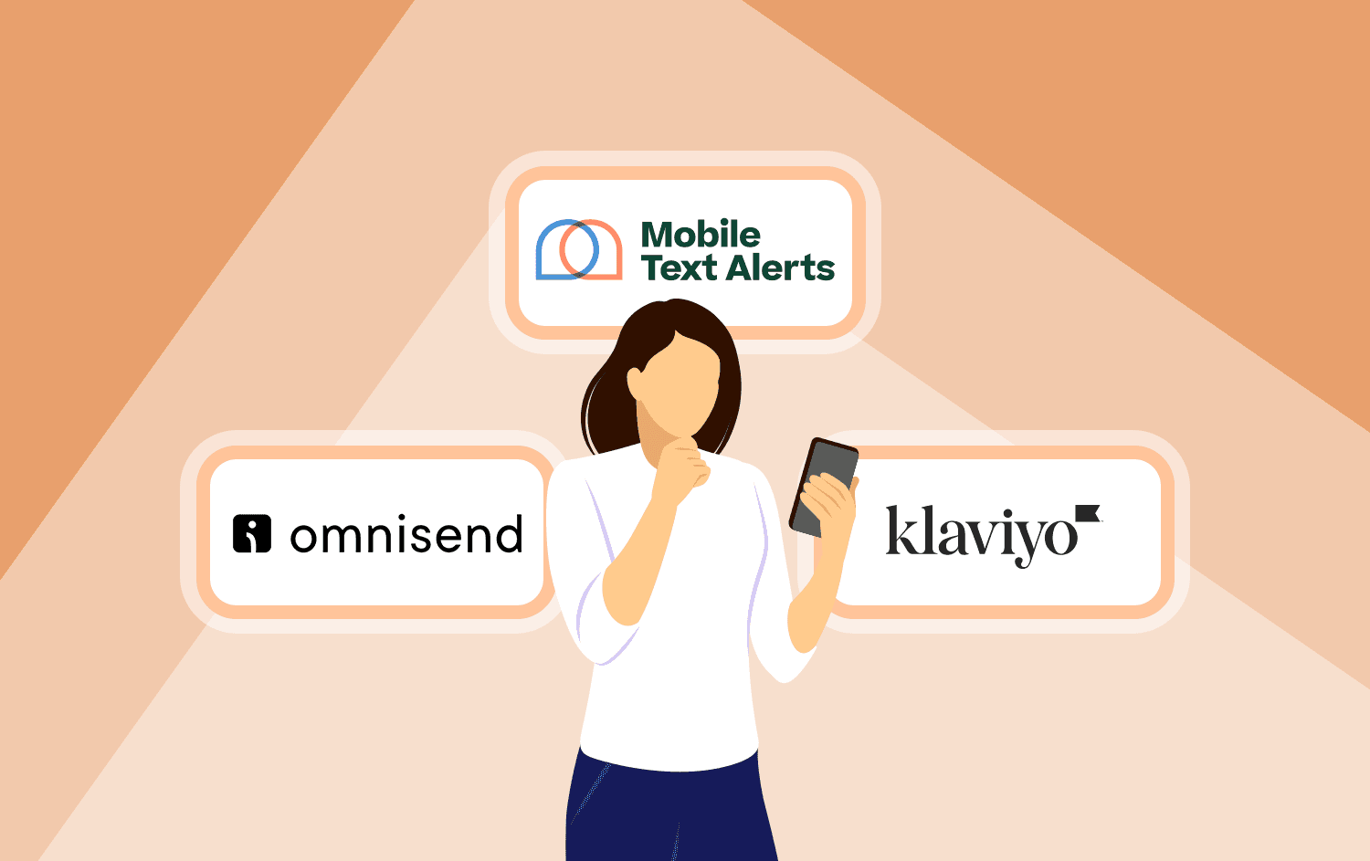 Cartoon representation of something thinking while holding a phone, with the Omnisend, Klaviyo, and Mobile Text Alerts logos floating around their head
