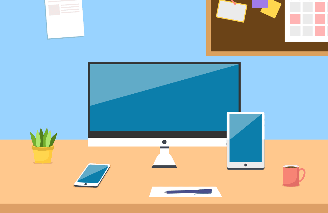 Cartoon representation of desktop workstation with a laptop computer and a smartphone nearby. Perhaps a tablet device as well.