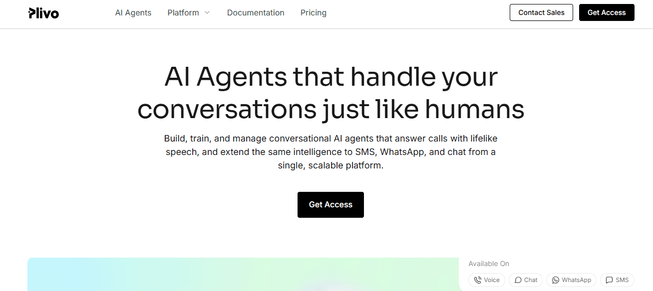 Screenshot of Plivo home page