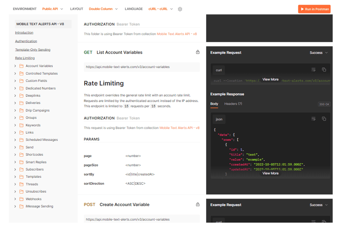 Screenshot of an example of our API documentation