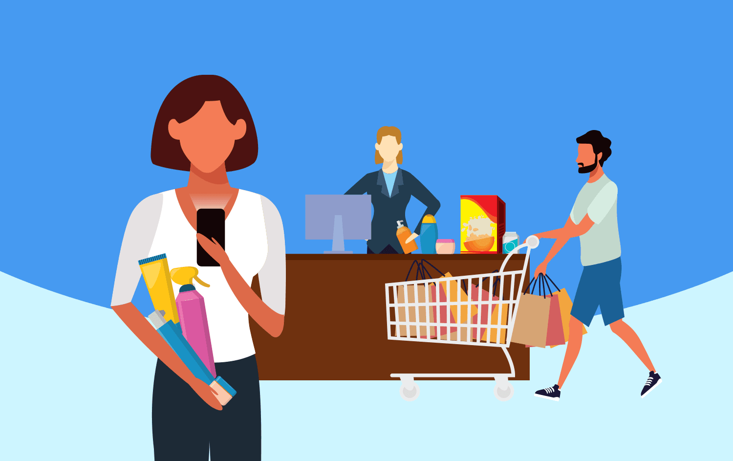 Cartoon representation of a shopper on their phone with a checkout aisle behind them