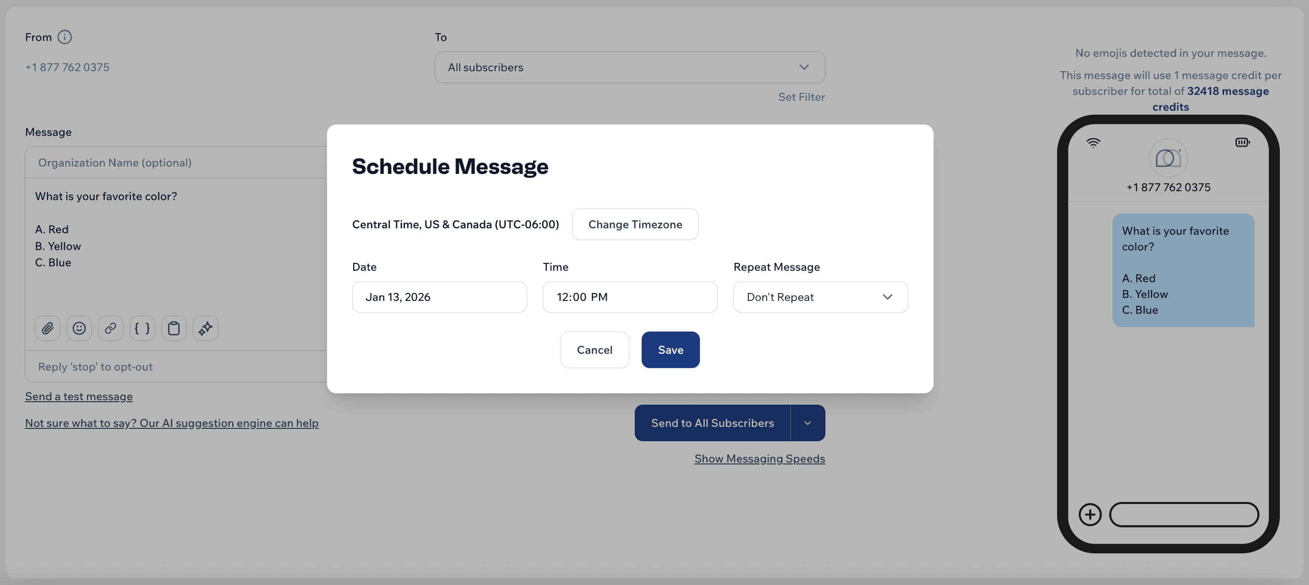 Screenshot of scheduling a message in the Mobile Text Alerts dashboard