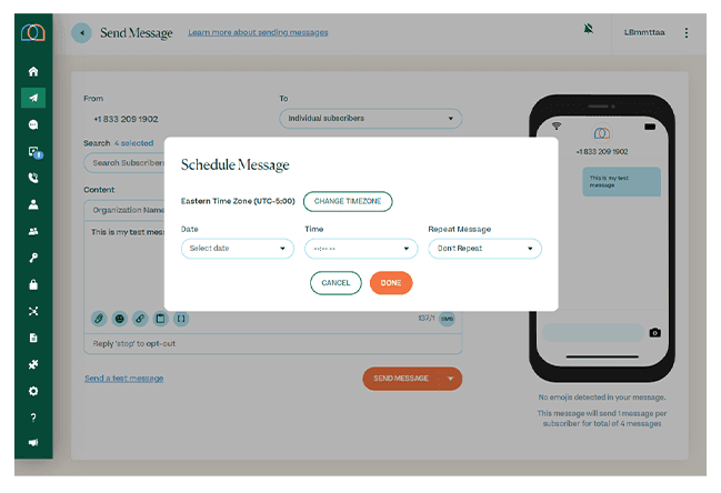 Screenshot of scheduling text message