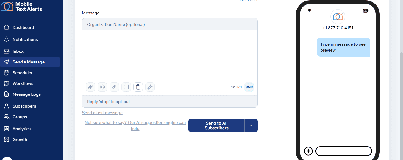 Screenshot of SMS send a message page within Mobile Text Alerts