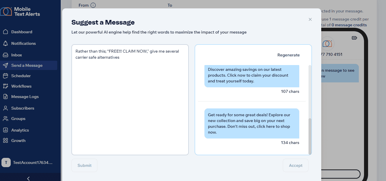 Screenshot of Mobile Text Alerts AI Suggest SMS tool