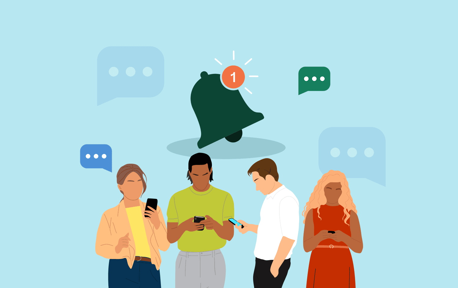 cartoon representation of several people holding smartphones and text message bubbles appear over their heads with an ‘alert’ icon