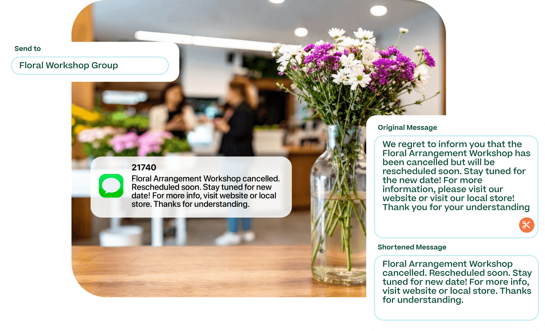 SMS notification alerting recipient of an upcoming workshop being cancelled.
