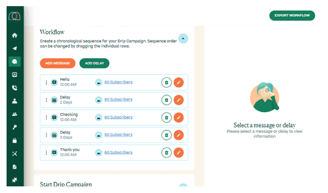 Screenshot of drip campaigns workflow