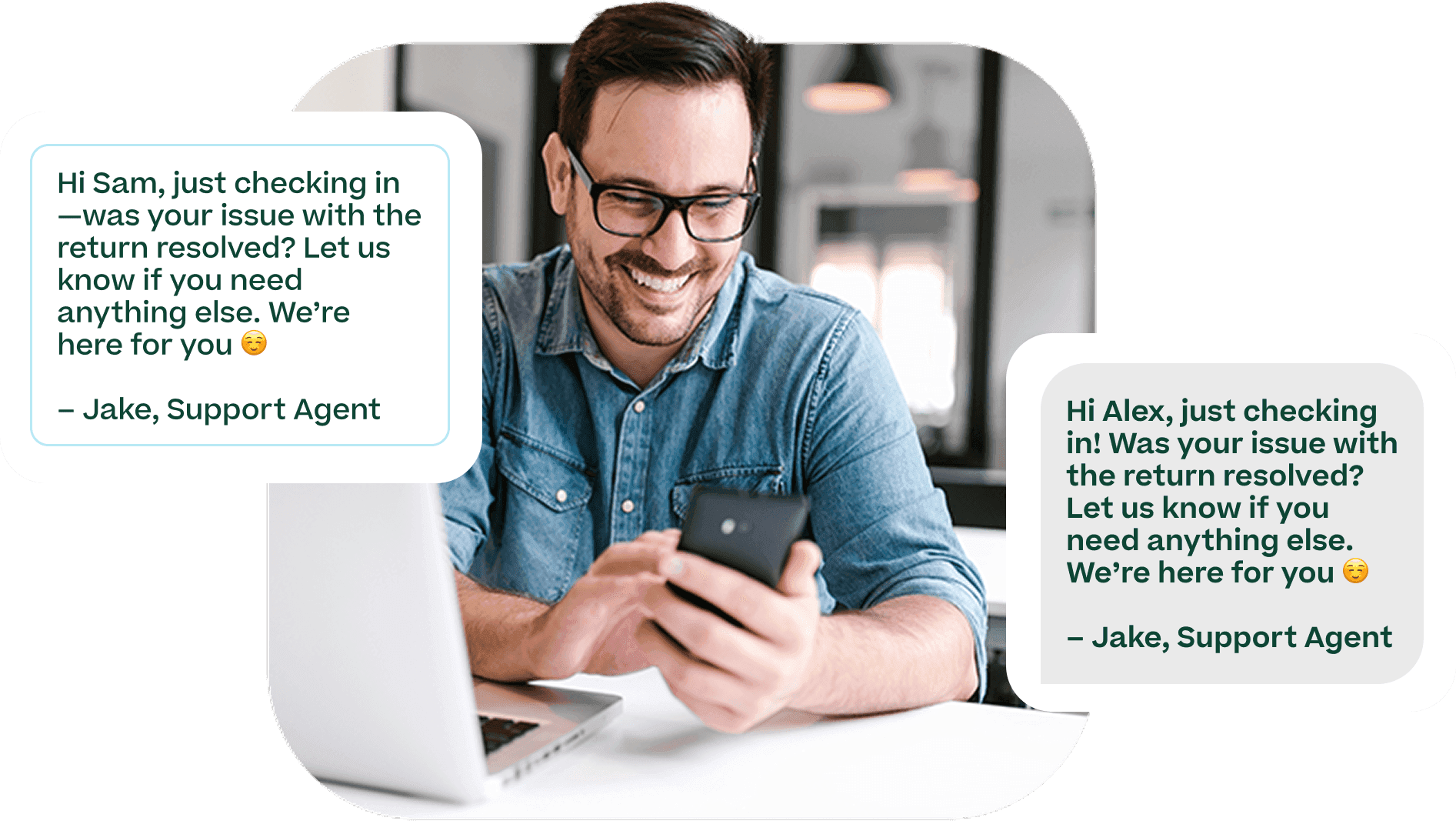 Customer Support agent messaging a customer to ensure that their issue was resolved.