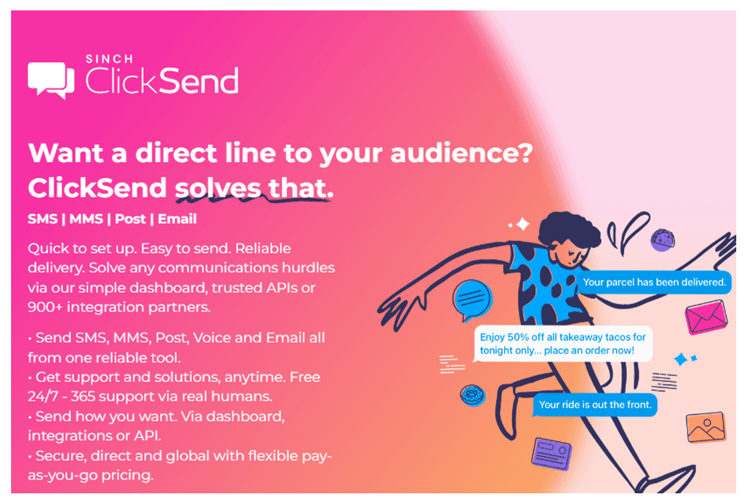 screenshot of clicksend site home screen