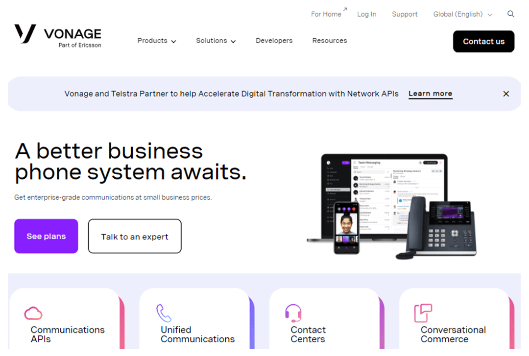 screenshot of Vonage site home screen