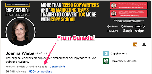 Sccreenshot of Joanna Wiebe LinkedIN page