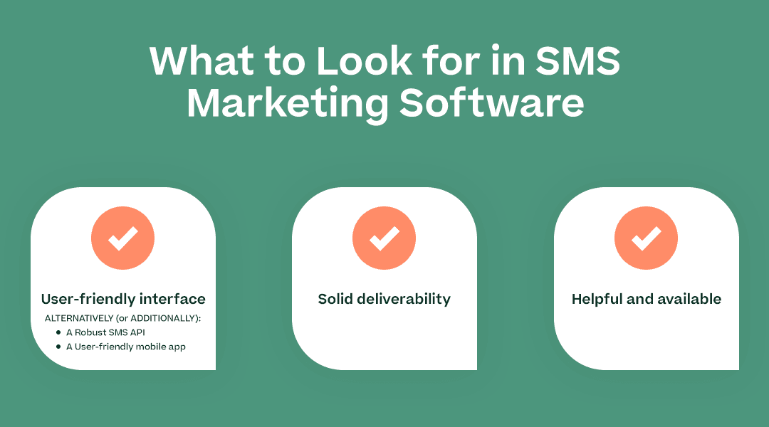 What to Look for in SMS Marketing Software with the bullet points below (just the parts in bold) and corresponding icons/graphical elements