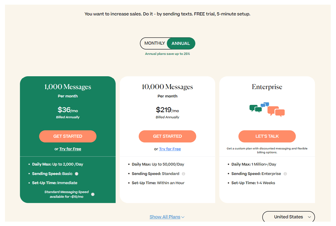 screenshot of pricing page