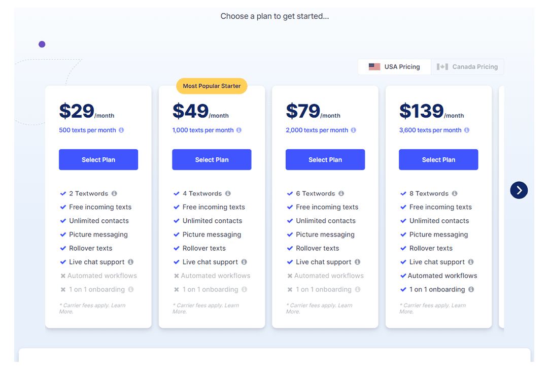 Screenshot of pricing page