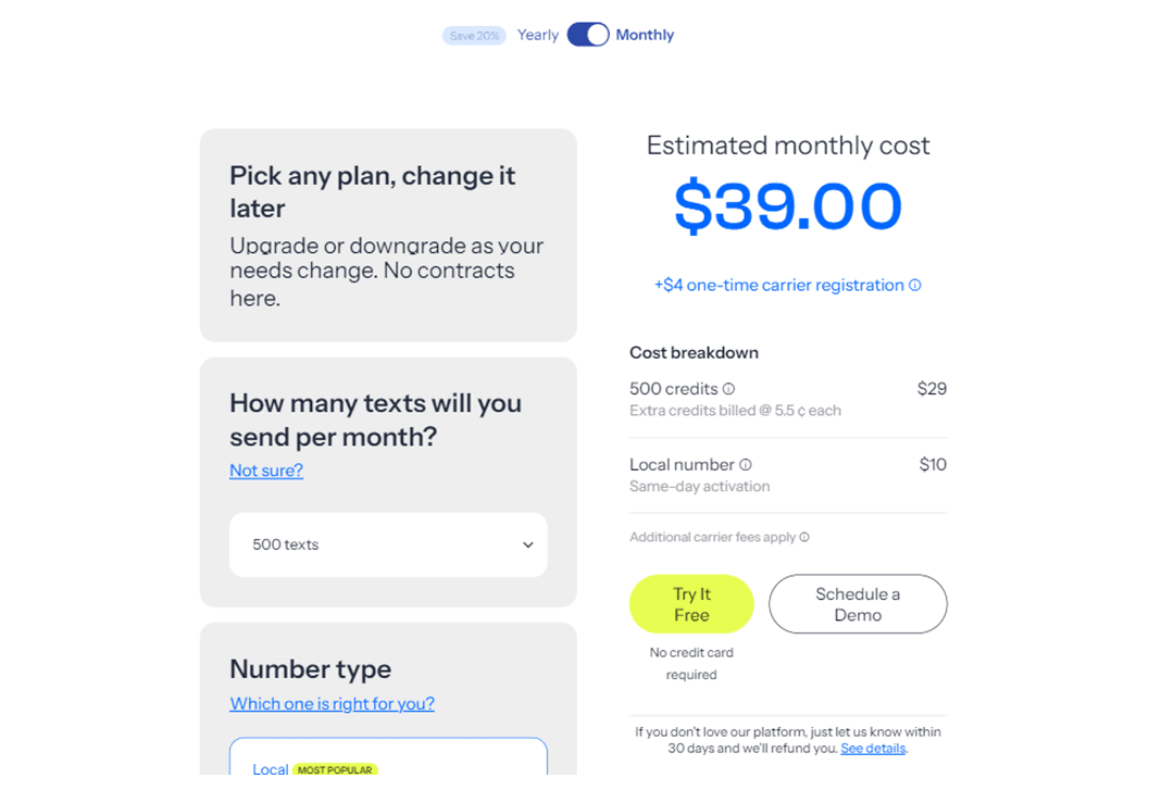 Screenshot of simpletexting pricing