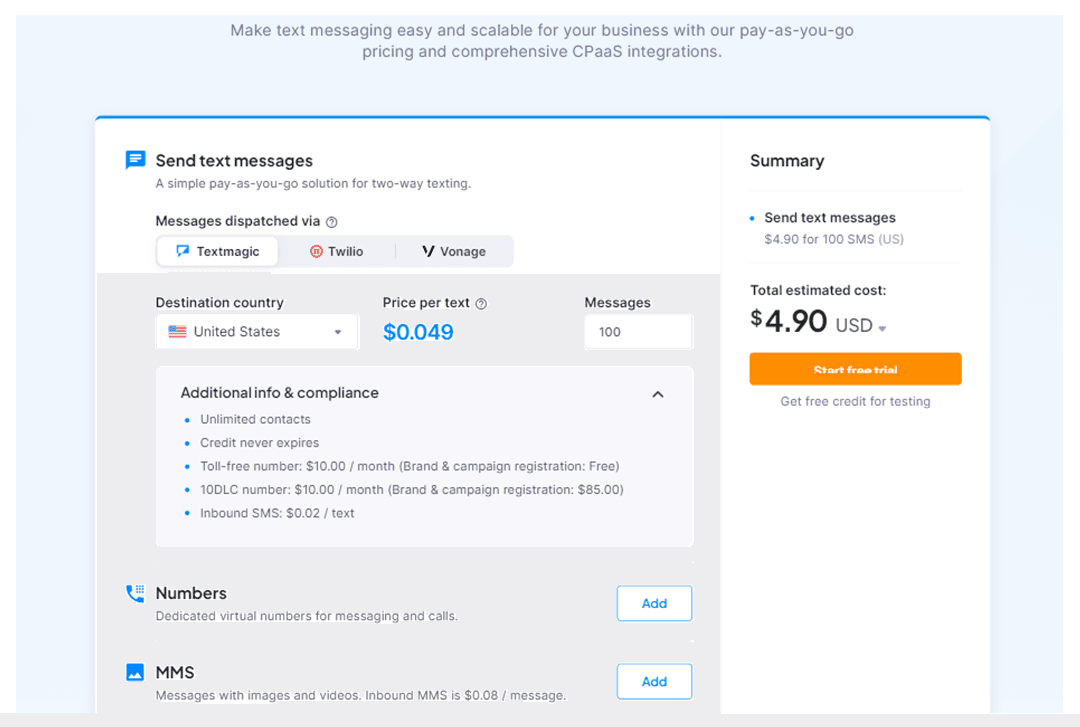 TextMagic pricing page