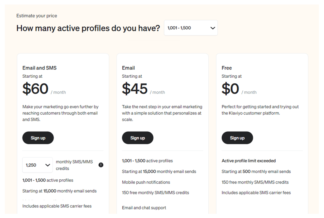 Klaviyo pricing page