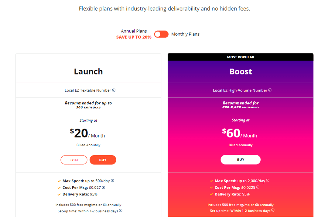 EZ Texting pricing page