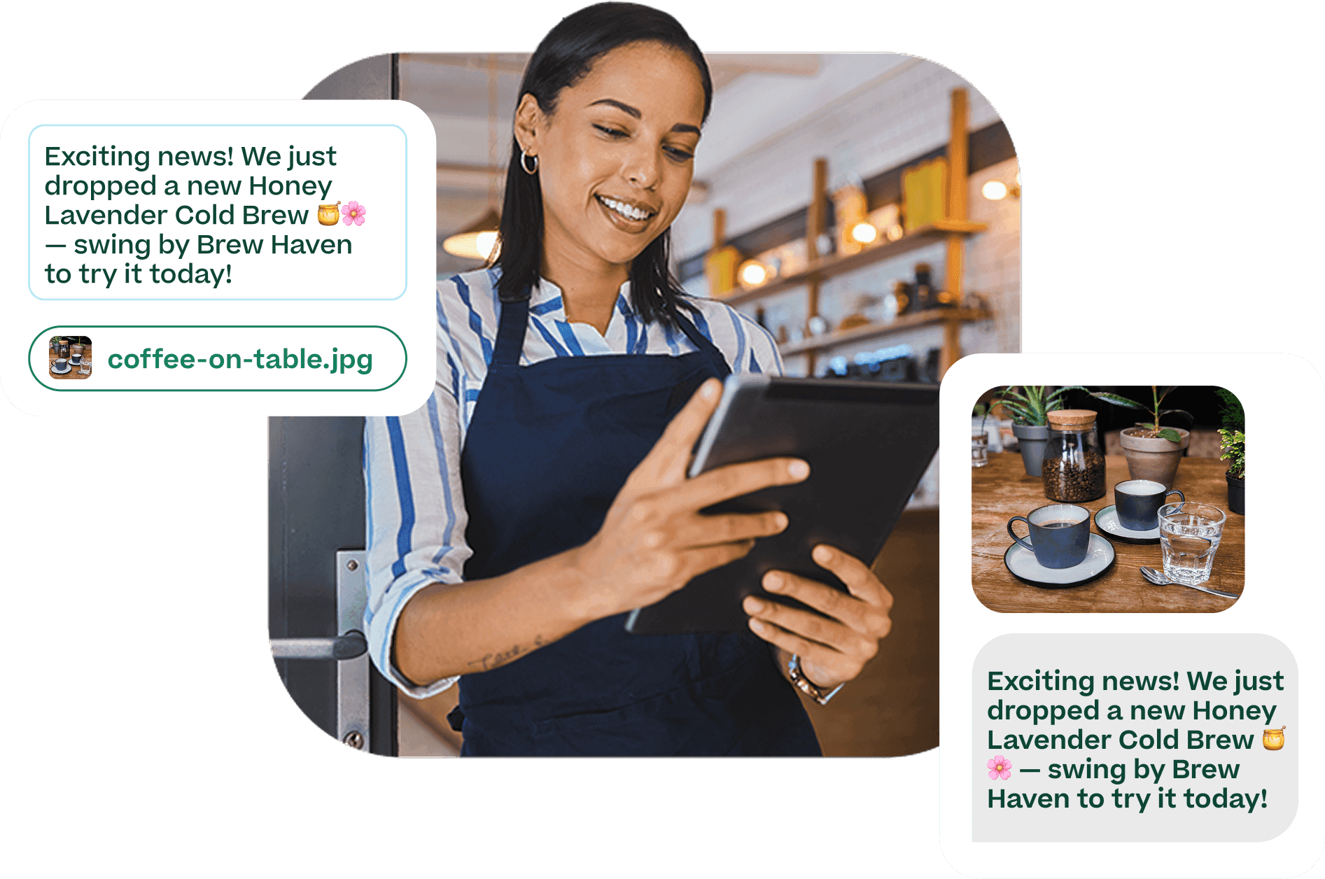 Cafe owner sending mass marketing text about new seasonal coffee drink.