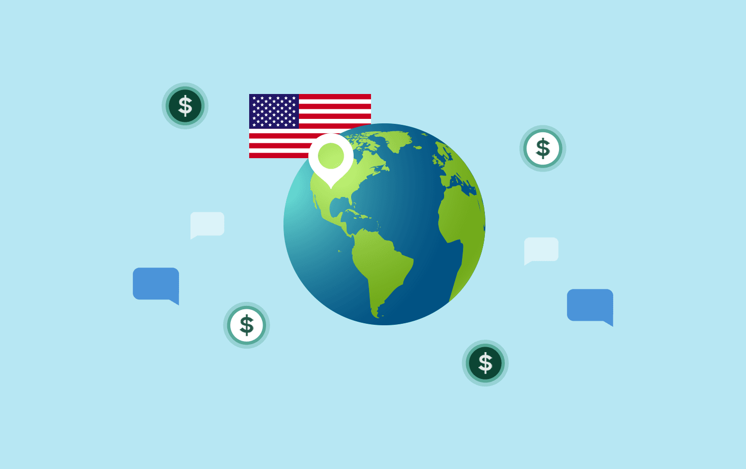 cartoon representation of a US flag, text message bubbles, and dollar signs