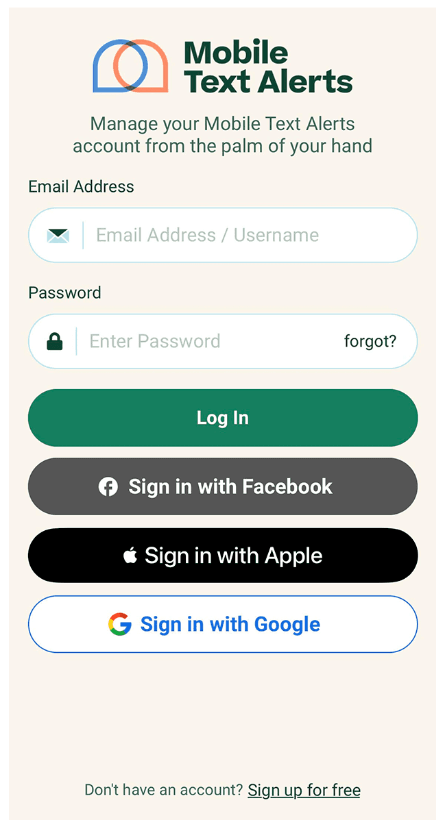 Screenshot of login page