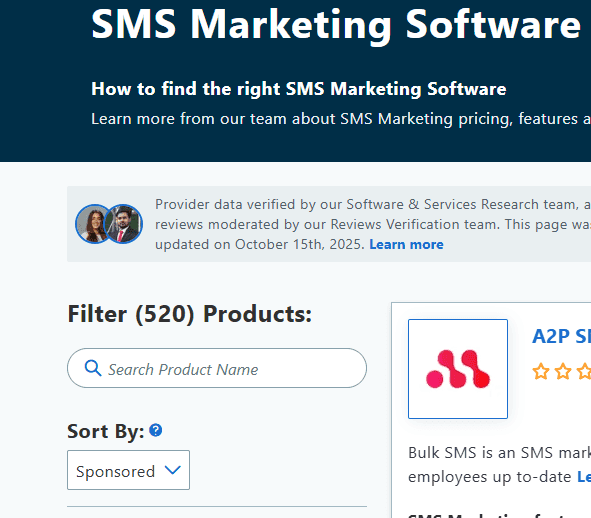 Screenshot of the "SMS Marketing Software" category on Capterra