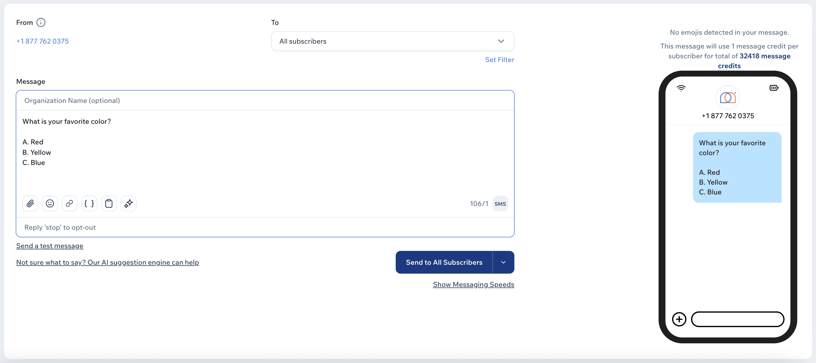 Screenshot of Mobile Text Alerts dashboard sending a survey question